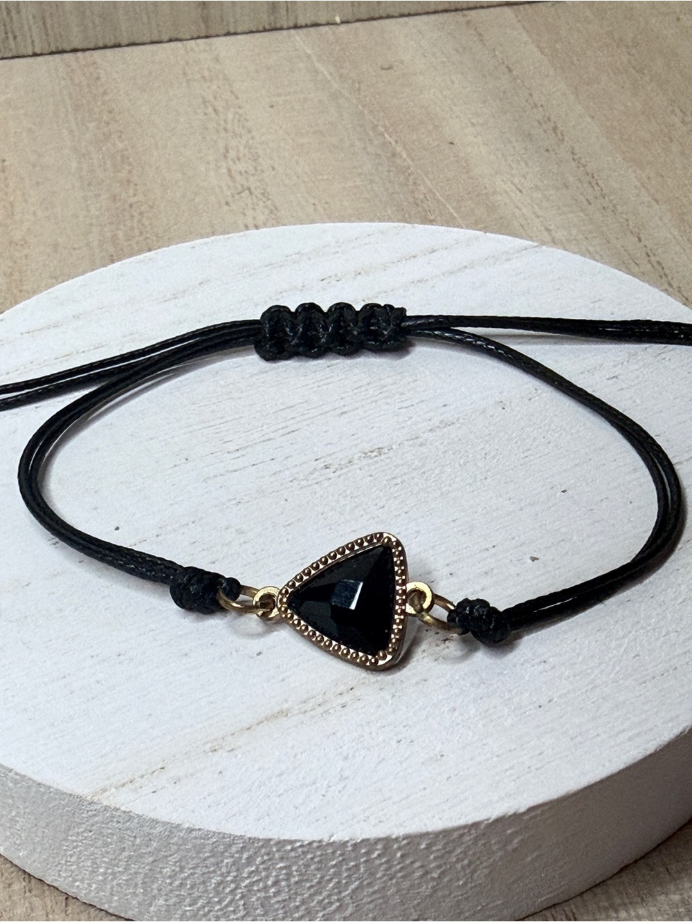Black Triangle Charm Adjustable Cord Bracelet - Brass Tone